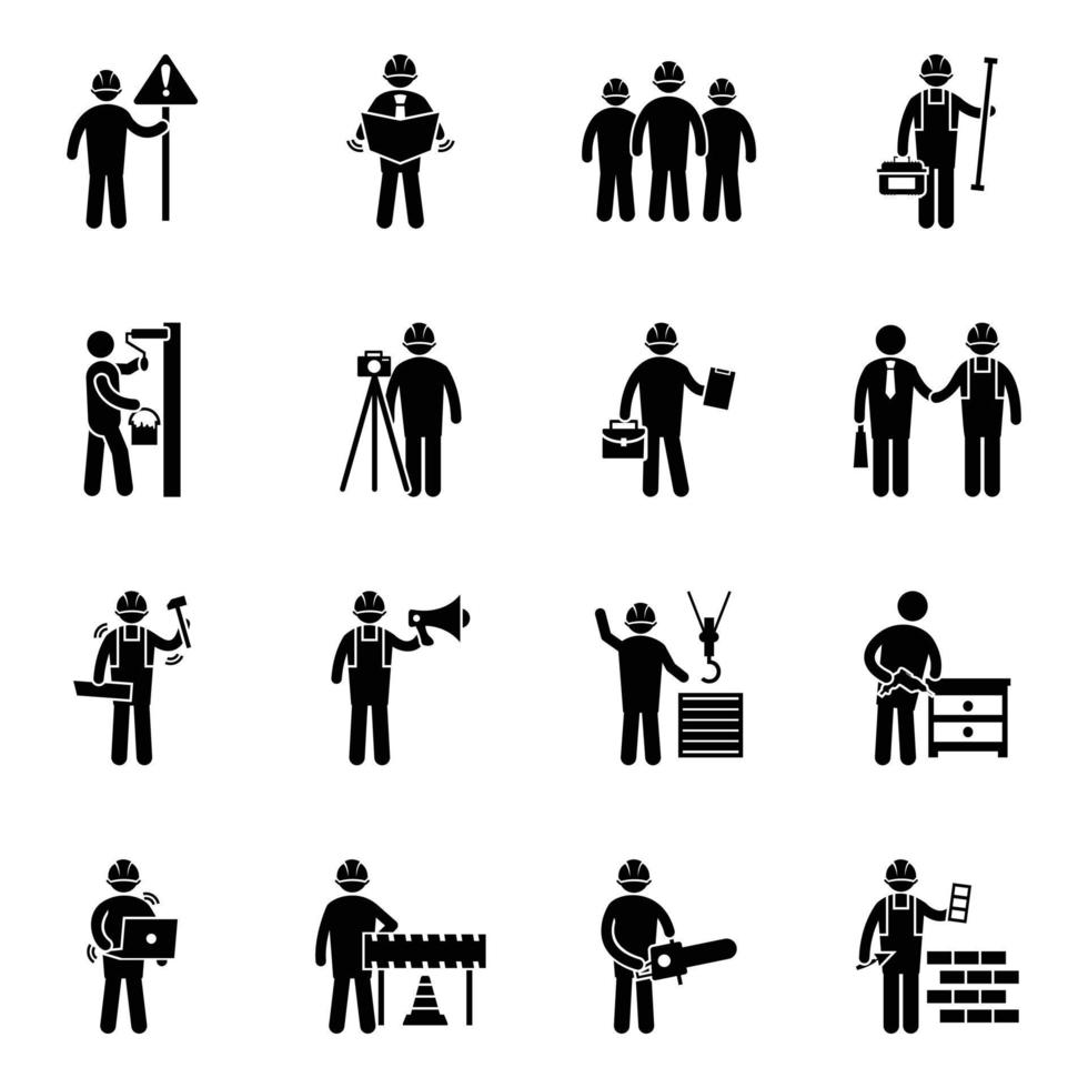 ícones vetoriais de glifos de engenheiros de construção vetor