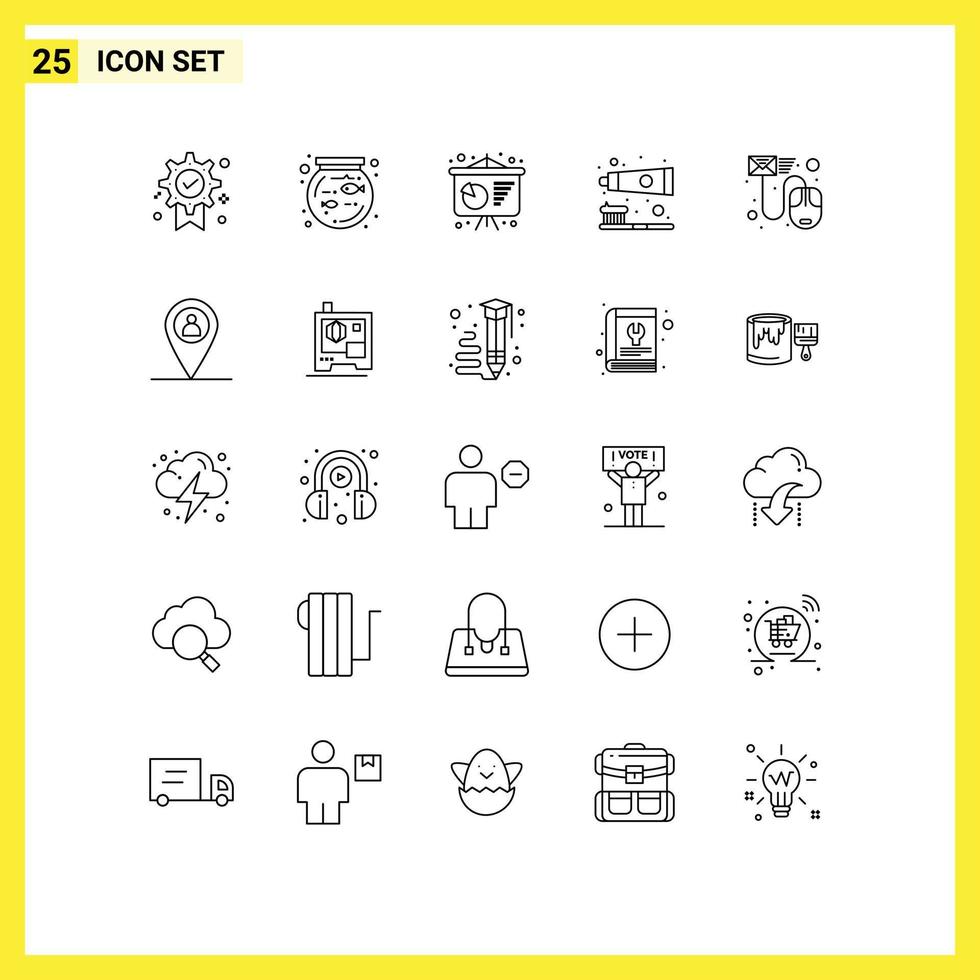 Pacote de linha de interface de usuário 25 de sinais e símbolos modernos de carta, email, conferência, pôster, dados, escova de dentes, elementos de design vetorial editáveis vetor