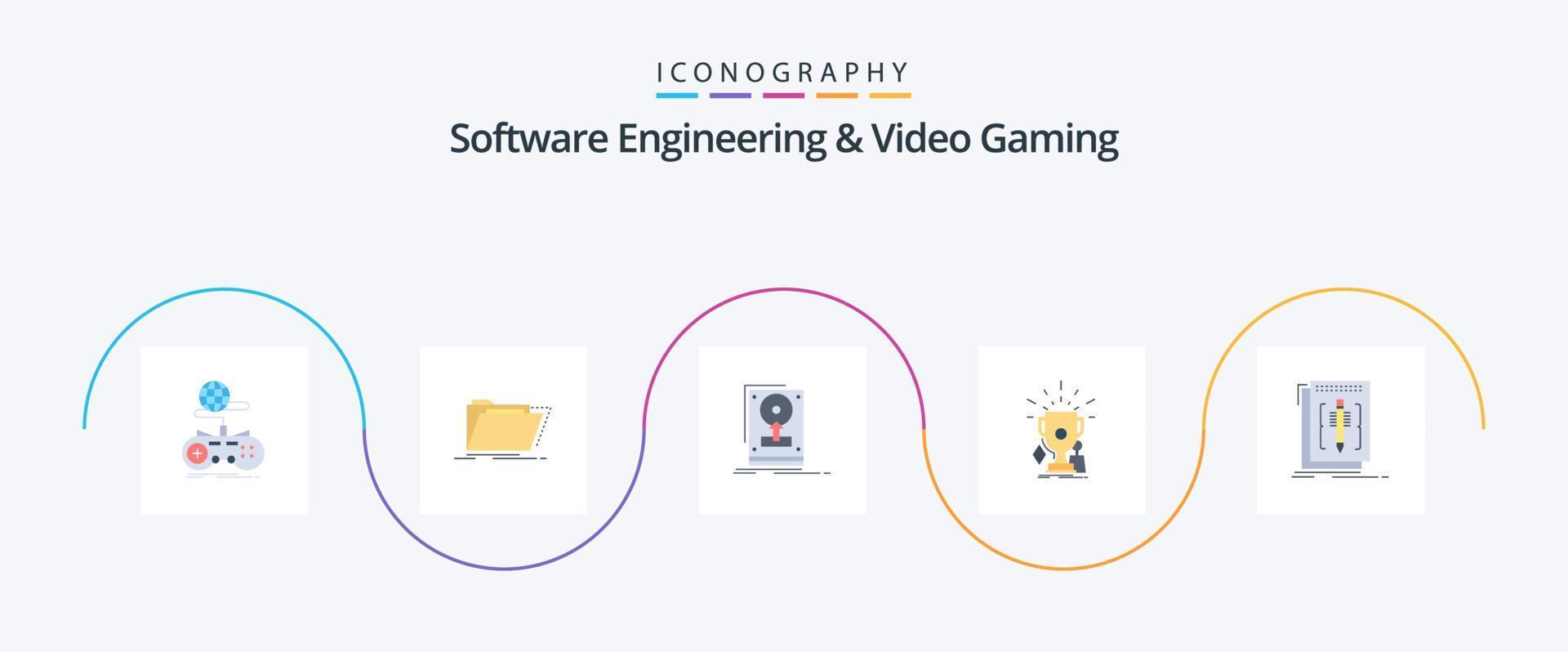 engenharia de software e pacote de ícones planos de 5 jogos de vídeo, incluindo esporte. prêmios. arquivos. Envio. disco rígido vetor