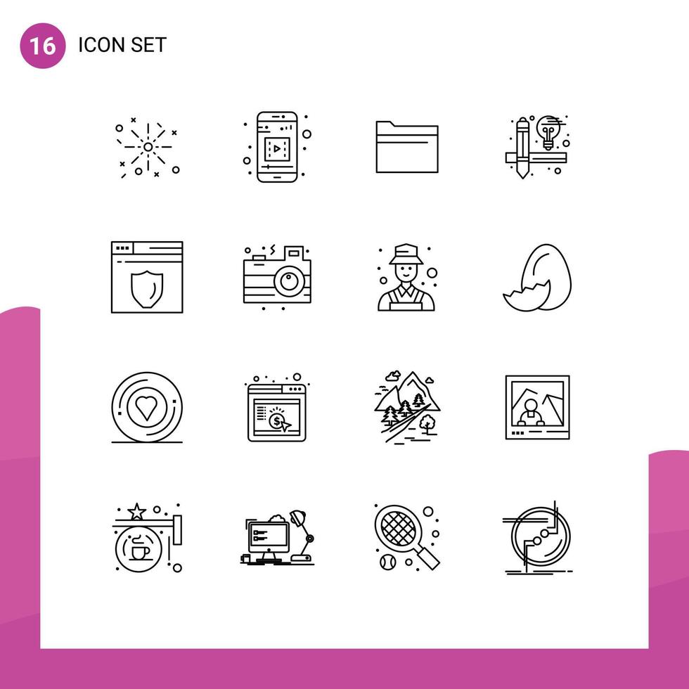 pacote de 16 sinais e símbolos de contornos modernos para mídia impressa na web, como ferramentas de segurança de dados de escudo de celebração, elementos de design vetorial editáveis vetor