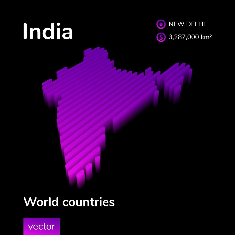 Mapa 3D da Índia. mapa 3d de vetor isométrico estilizado da Índia em cores violetas em fundo preto. mapa geográfico, elemento infográfico.