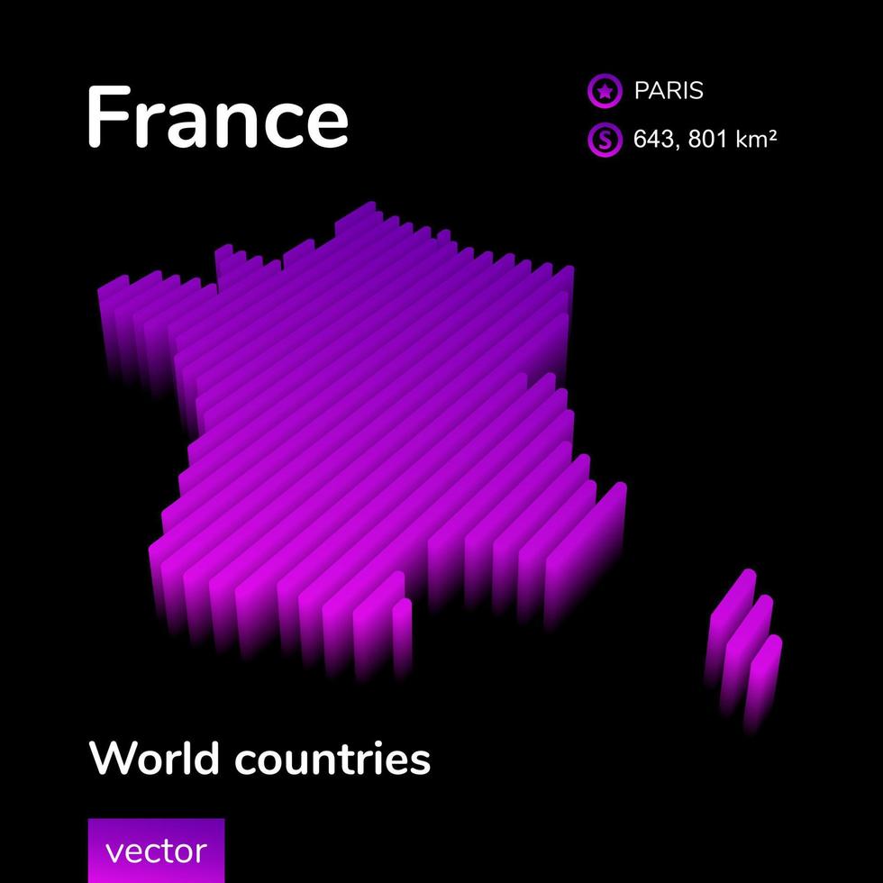 Mapa 3D da França. mapa de vetor listrado digital isométrico de néon estilizado da frança em cores violeta e rosa no fundo preto