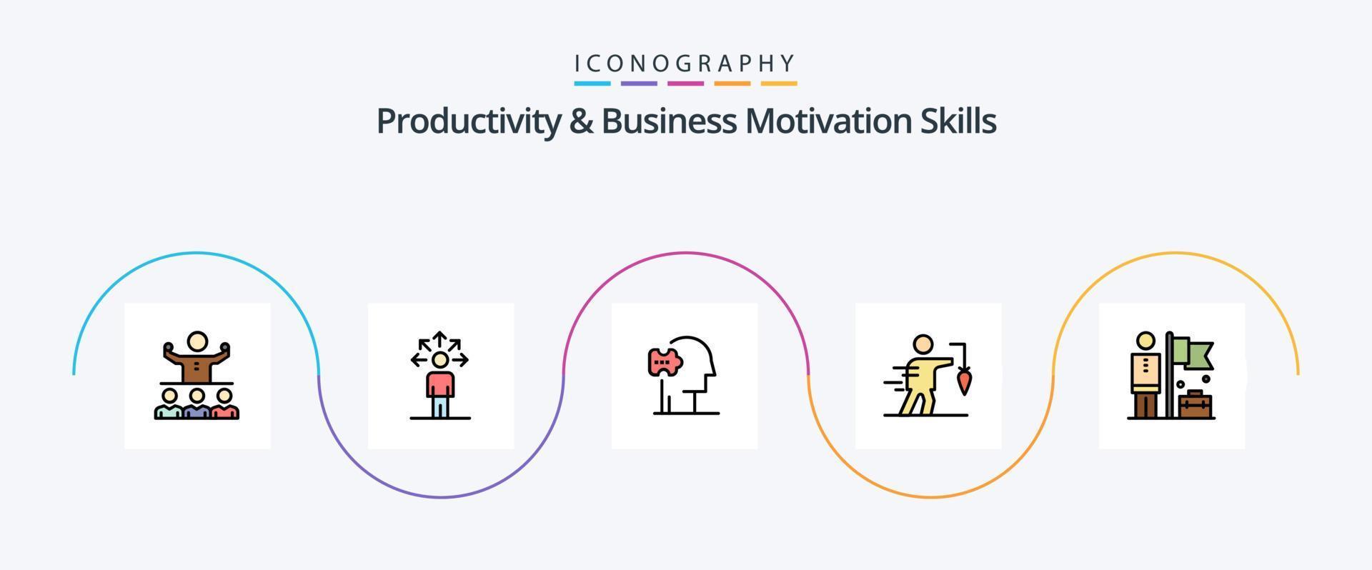 linha de habilidades de produtividade e motivação de negócios preenchida com 5 ícones planos, incluindo objetivo. extrínseco. humano. o negócio. soluções vetor