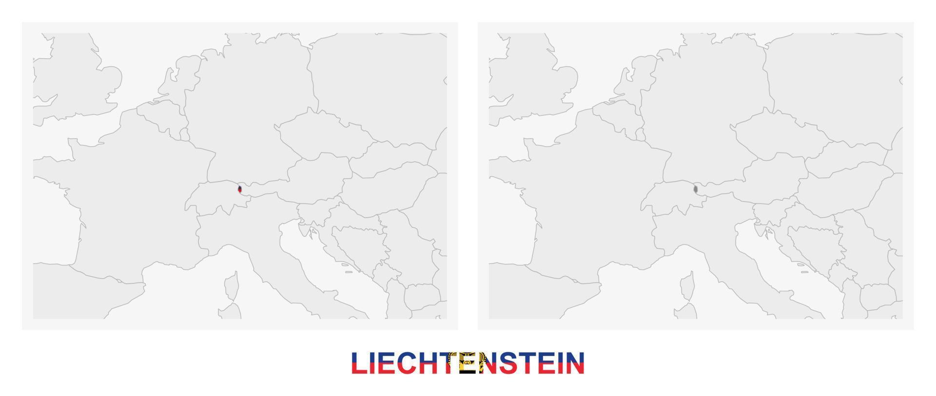 duas versões do mapa de liechtenstein, com a bandeira de liechtenstein e destacada em cinza escuro. vetor