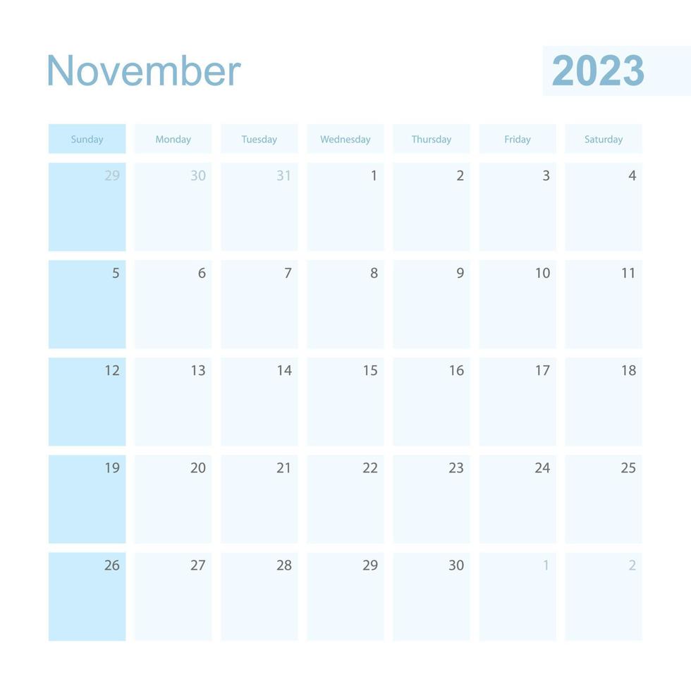Planejador de parede de novembro de 2023 na cor azul, a semana começa no domingo. vetor