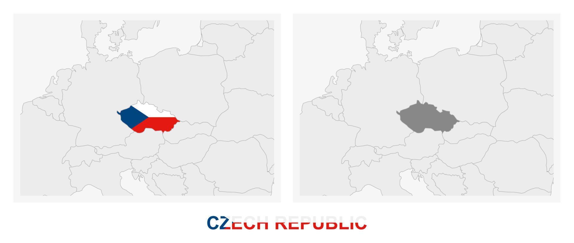 duas versões do mapa da república tcheca, com a bandeira da república tcheca e destacada em cinza escuro. vetor
