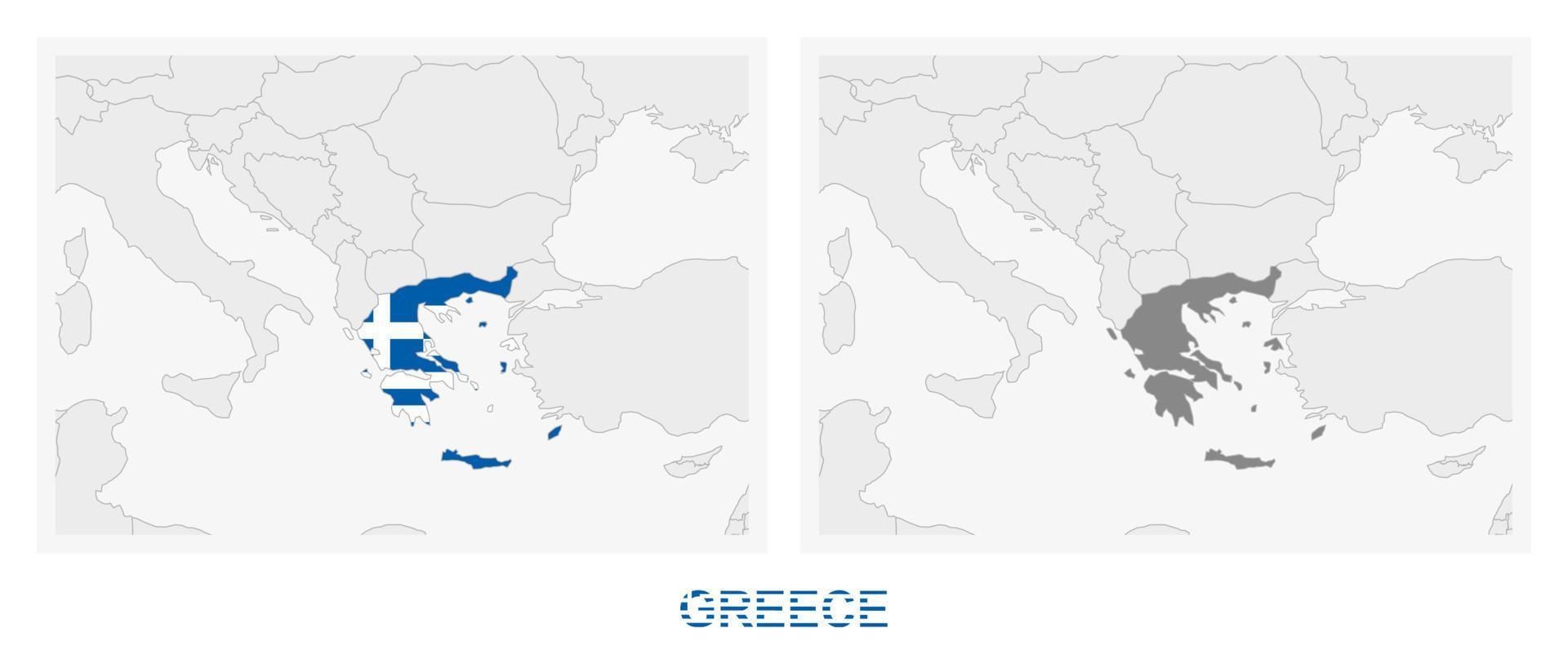 duas versões do mapa da grécia, com a bandeira da grécia e destacada em cinza escuro. vetor