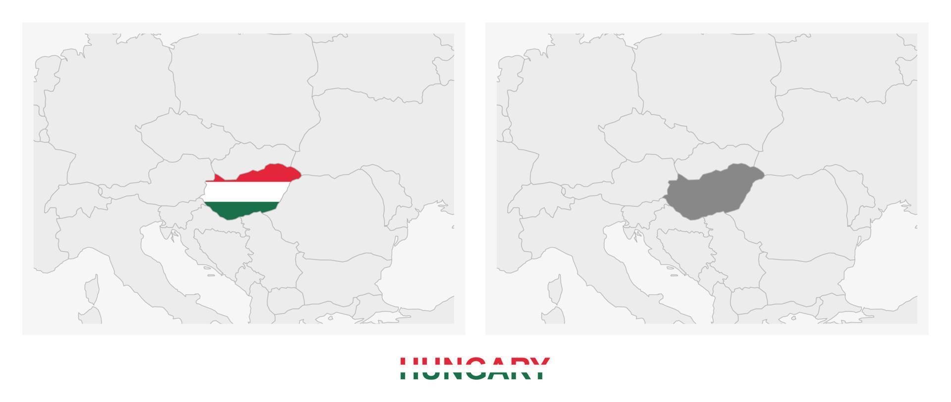 duas versões do mapa da Hungria, com a bandeira da Hungria e destaque em cinza escuro. vetor