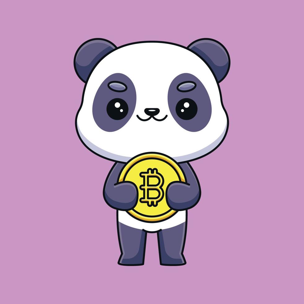 panda bonito segurando bitcoin cartoon mascote doodle arte mão desenhada contorno conceito vetor ilustração ícone kawaii