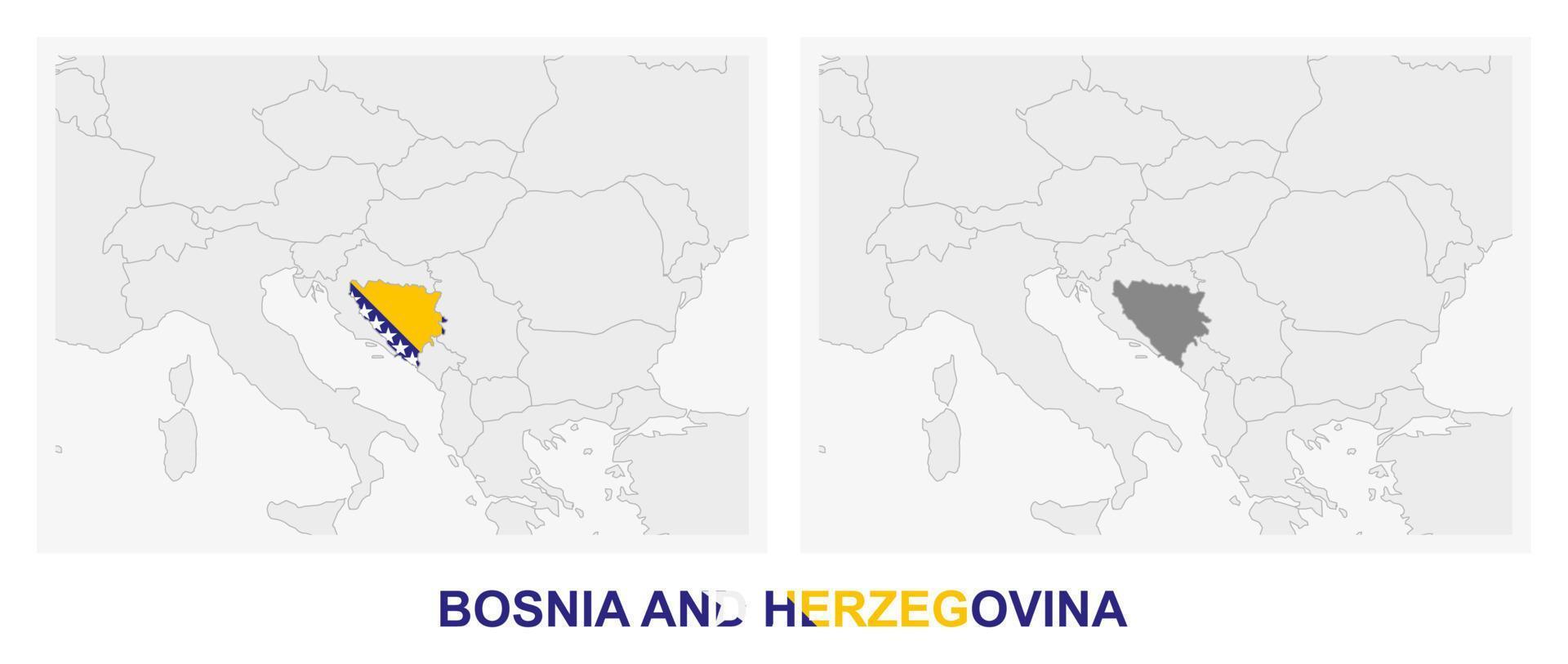 duas versões do mapa da Bósnia e Herzegovina, com a bandeira da Bósnia e Herzegovina e destacada em cinza escuro. vetor