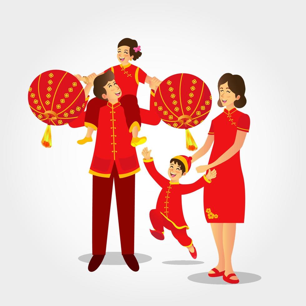 ilustração vetorial uma família chinesa vestindo trajes nacionais tocando lanternas chinesas comemorando o ano novo chinês vetor