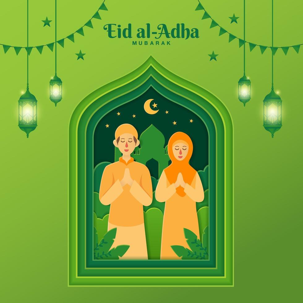 ilustração do conceito de cartão de felicitações eid al-adha em estilo de corte de papel com casal muçulmano de desenho animado abençoando eid al-adha vetor