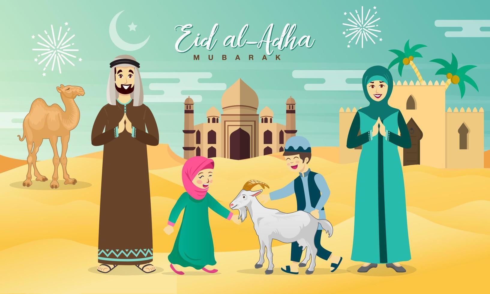 cartão de felicitações eid al adha. família árabe dos desenhos animados comemorando eid al adha com deserto, camelo e mesquita como pano de fundo vetor