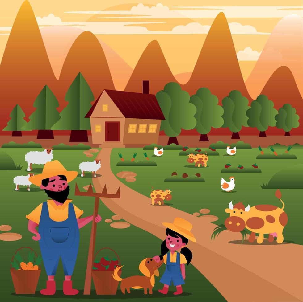 ilustração digital de uma fazenda de bandeira colorida brilhante um fazendeiro e sua filha estão envolvidos na agricultura no prado pastando ovelhas, vacas, plantio e colheita vetor