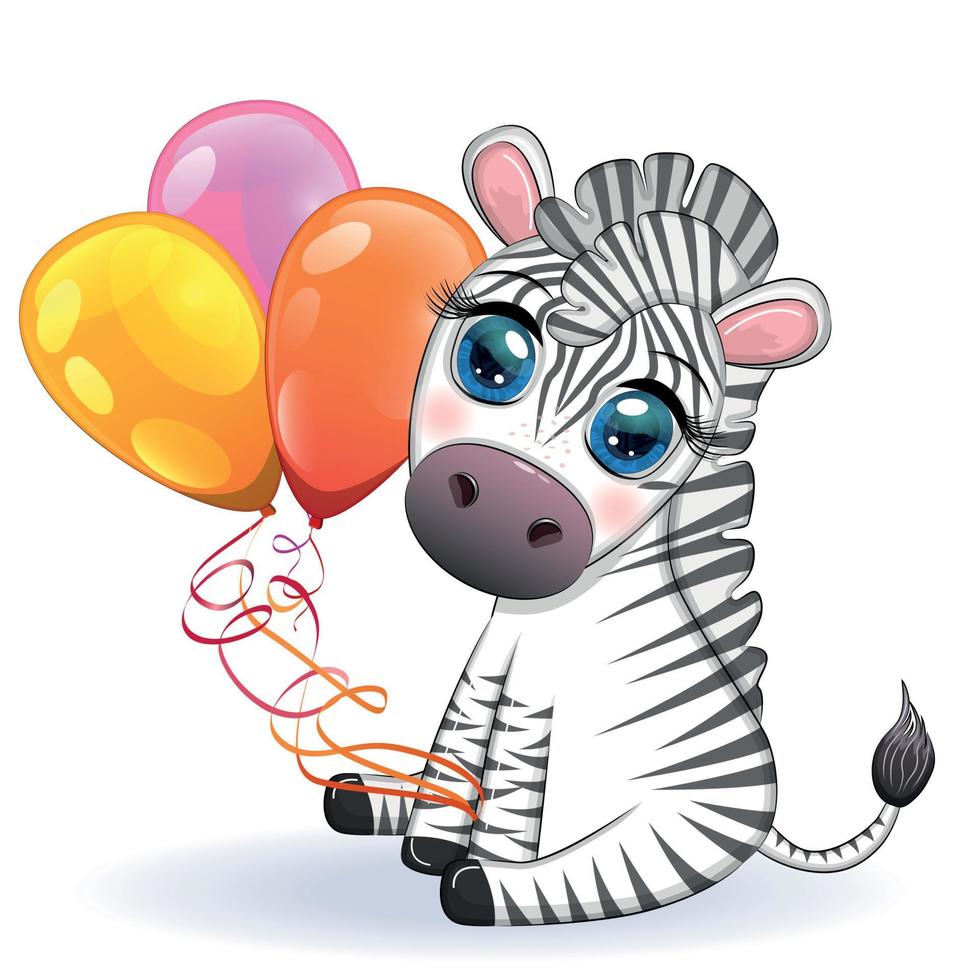 zebra bonito dos desenhos animados está sentado e segurando balões. personagem listrado infantil, feriado vetor