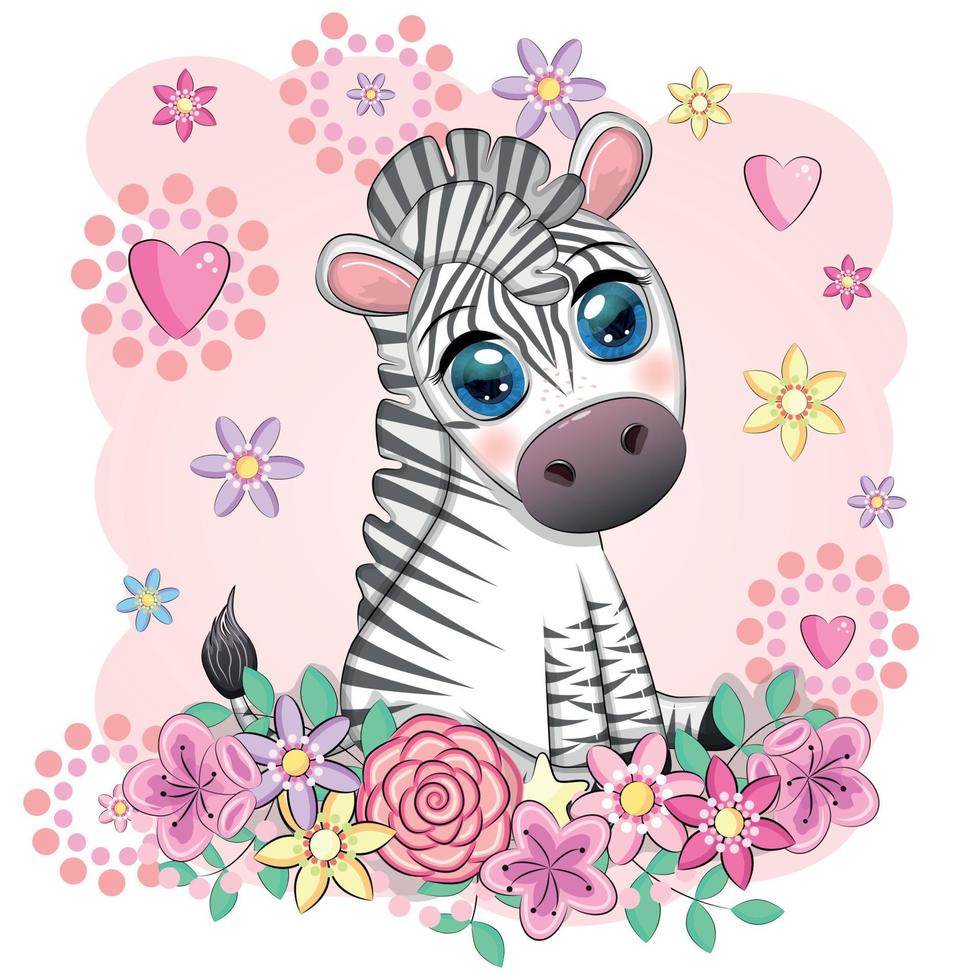 zebra bonito dos desenhos animados senta-se em flores. personagem listrado infantil, animais africanos vetor