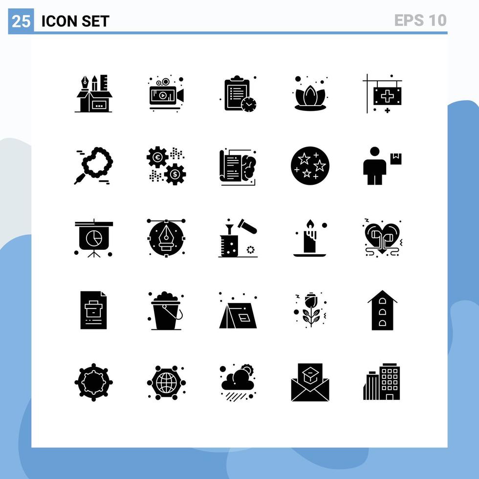 pacote de interface do usuário de 25 glifos sólidos básicos de cuidados de agenda de clínica de saúde elementos de design de vetores editáveis de lótus