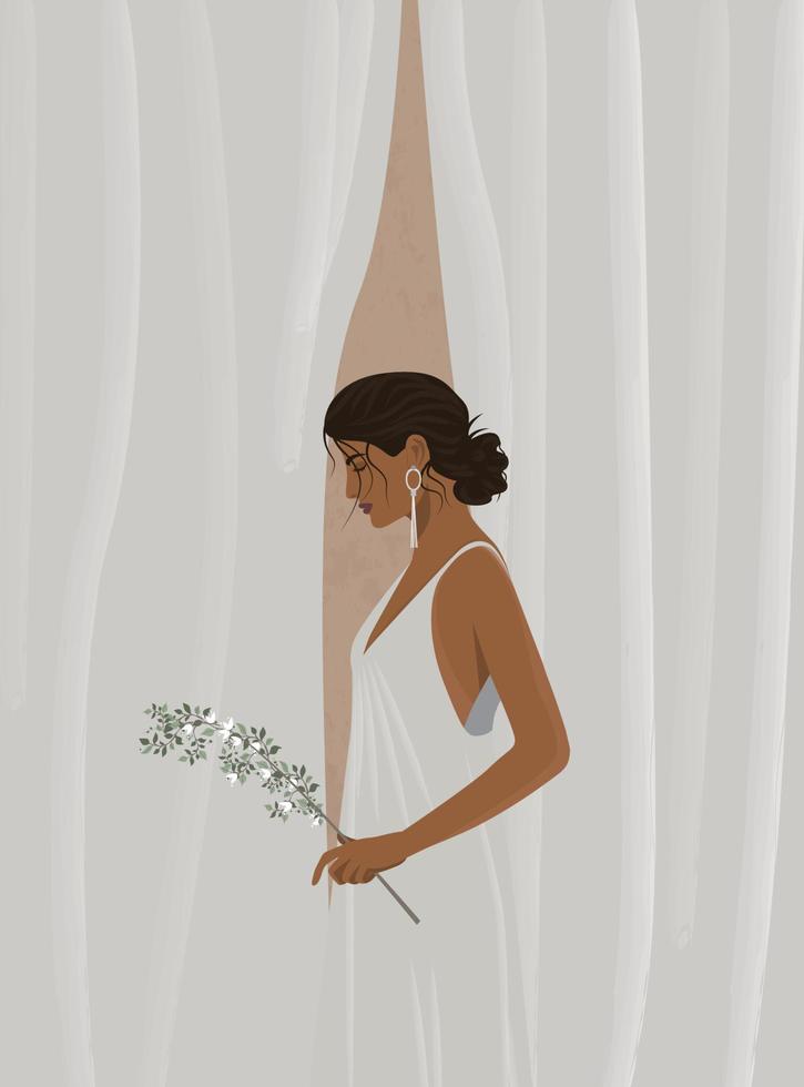 ilustração digital de uma imagem suave de uma menina em um modelo de vestido branco posando com uma flor nas mãos vetor
