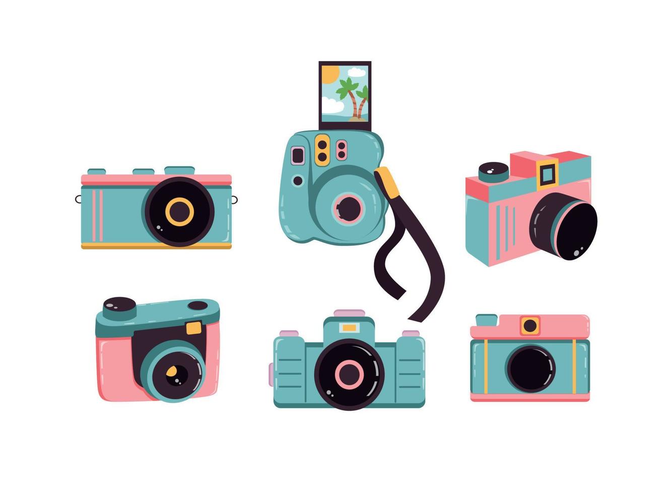 conjunto de gráficos de ilustração vetorial de diferentes ícones de adesivos de câmeras de câmera azul cor rosa vetor