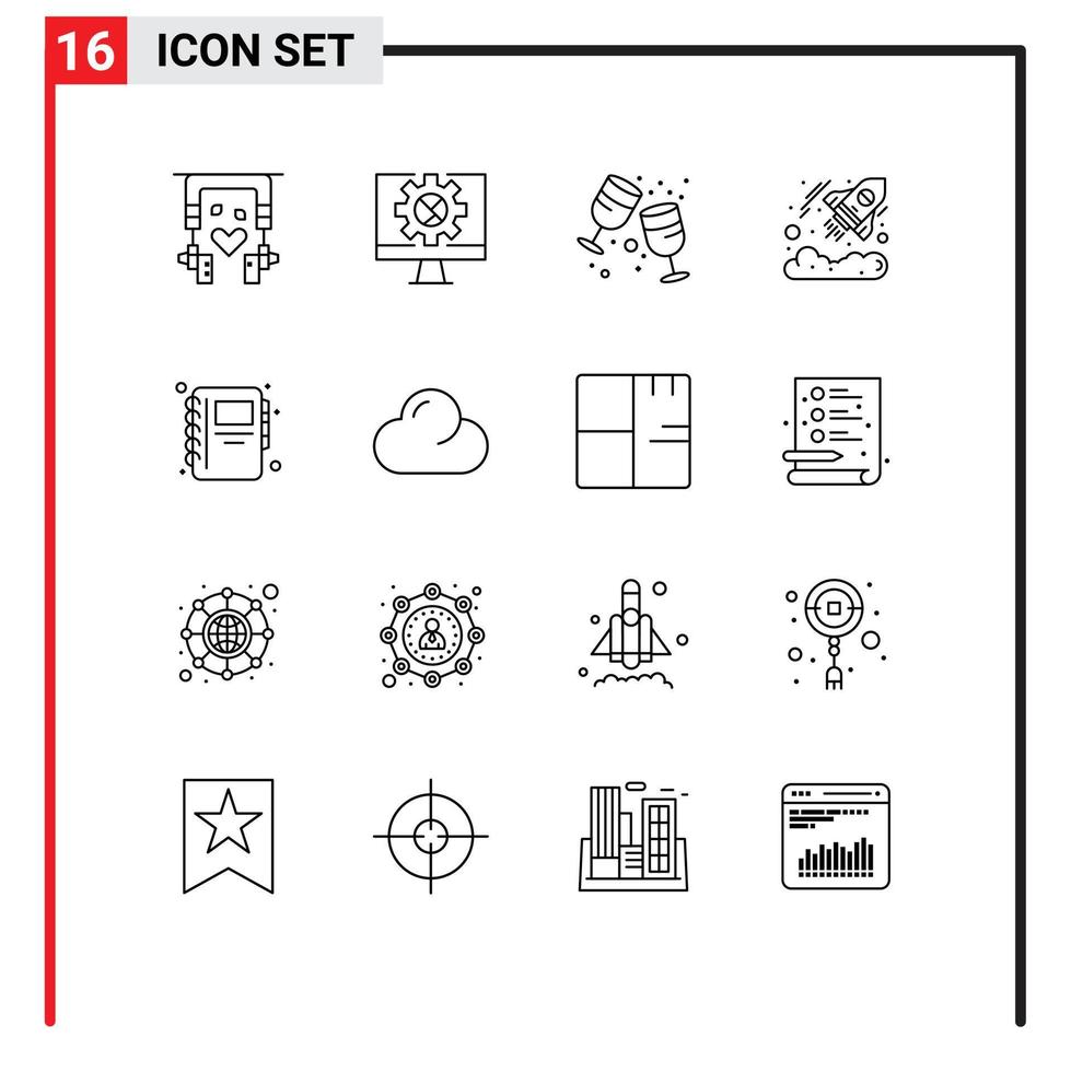 grupo de símbolos de ícone universal de 16 contornos modernos de investimento de aniversário de inicialização de notebook elementos de design de vetores editáveis