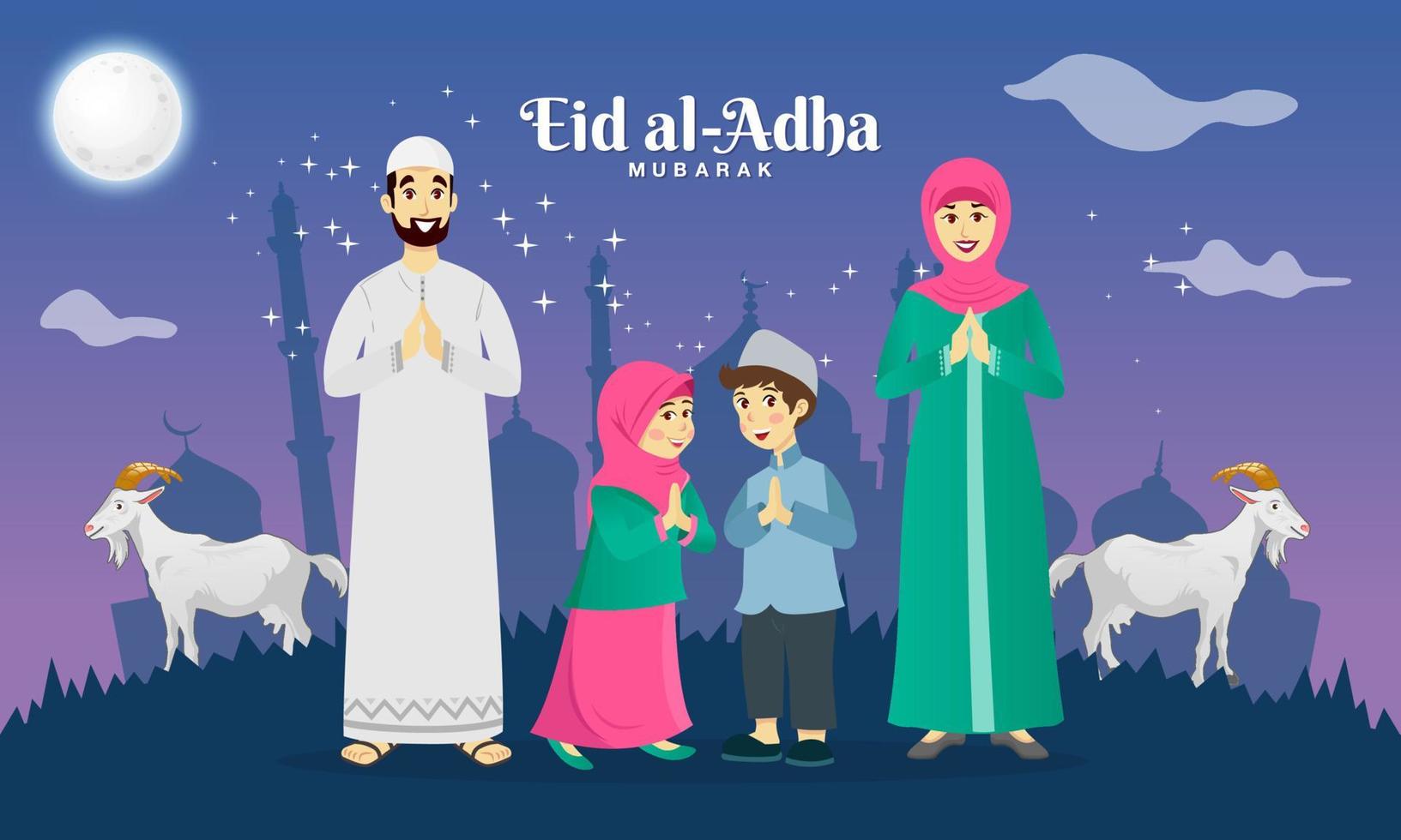 cartão de felicitações eid al adha. família muçulmana dos desenhos animados comemorando eid al adha com cabras, estrelas e mesquita como pano de fundo. selamat hari raya idul adha se traduz em eid al adha mubarak. vetor