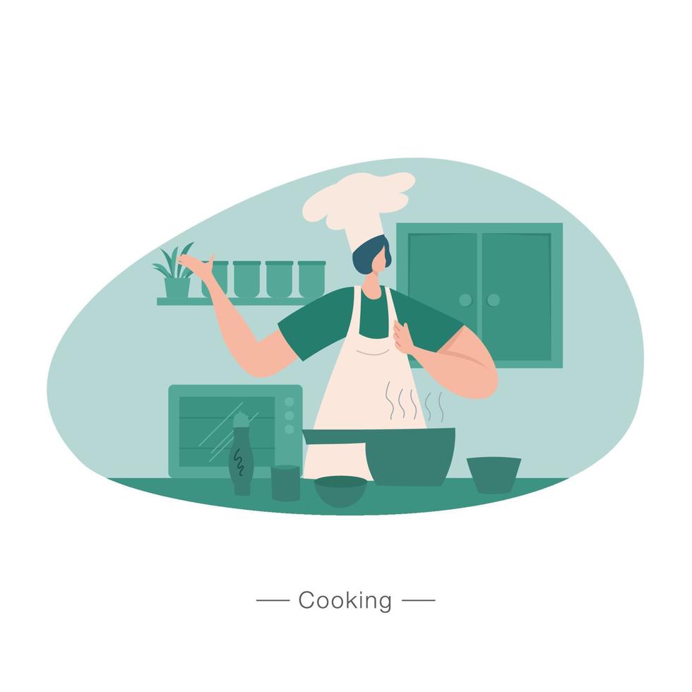 mulher cozinhando na cozinha ilustração vetorial plana vetor