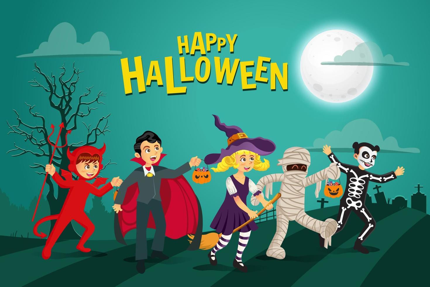feliz dia das bruxas fundo. crianças vestidas com fantasia de halloween para ir doces ou travessuras com fundo verde vetor