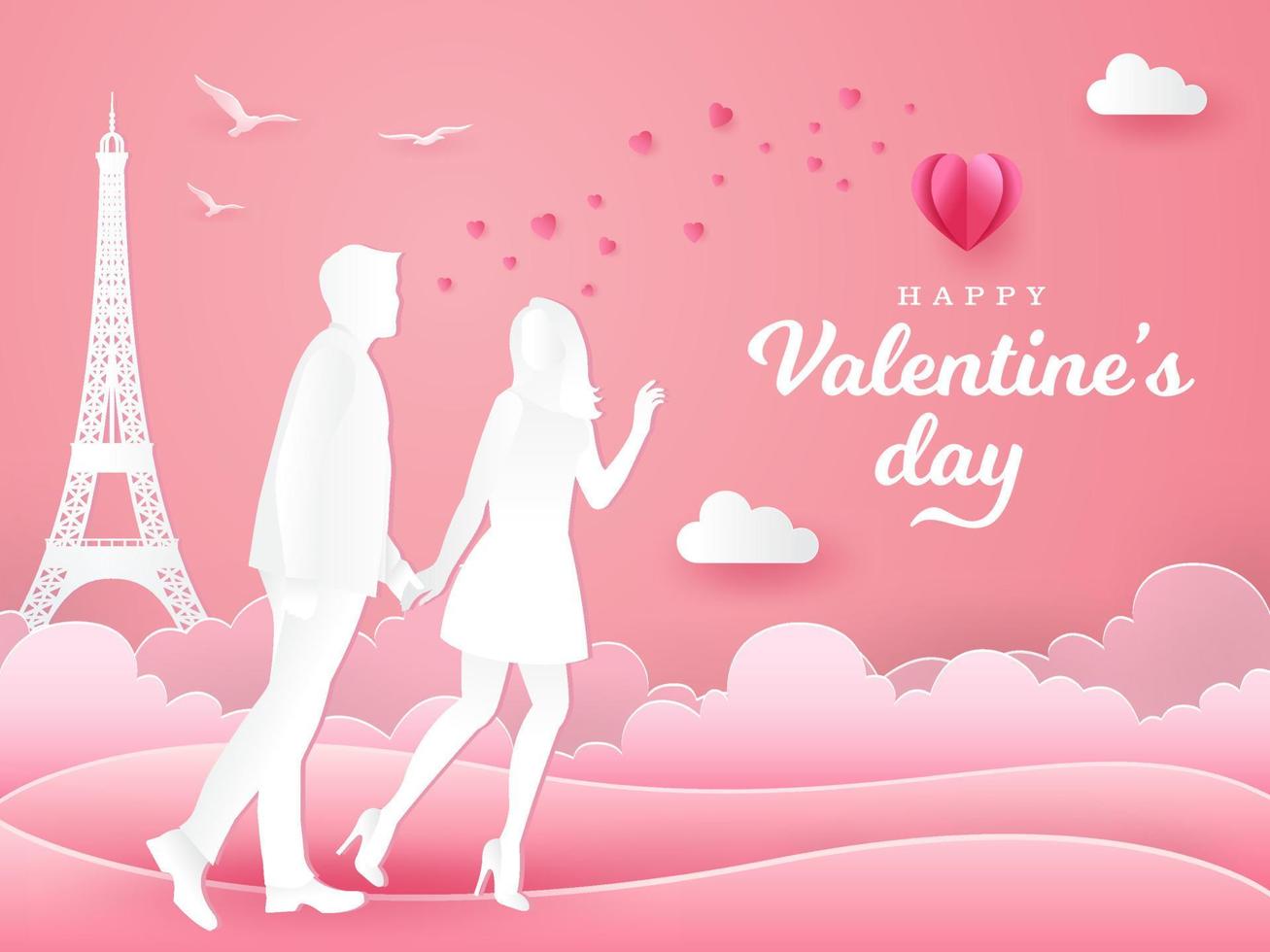 cartão de dia dos namorados. casal andando e de mãos dadas no fundo rosa vetor