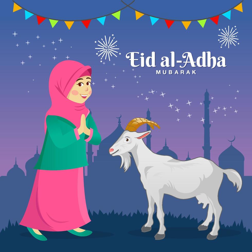 cartão de felicitações eid al adha. linda garota muçulmana de desenho animado comemorando eid al adha com uma cabra para sacrifício com mesquita como pano de fundo vetor