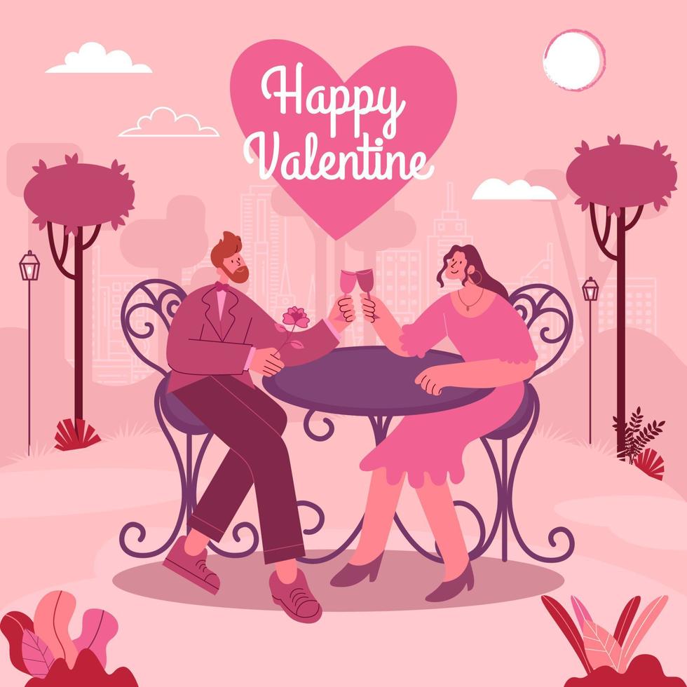 cartão de dia dos namorados. jovem casal apaixonado tendo um jantar romântico ao ar livre vetor