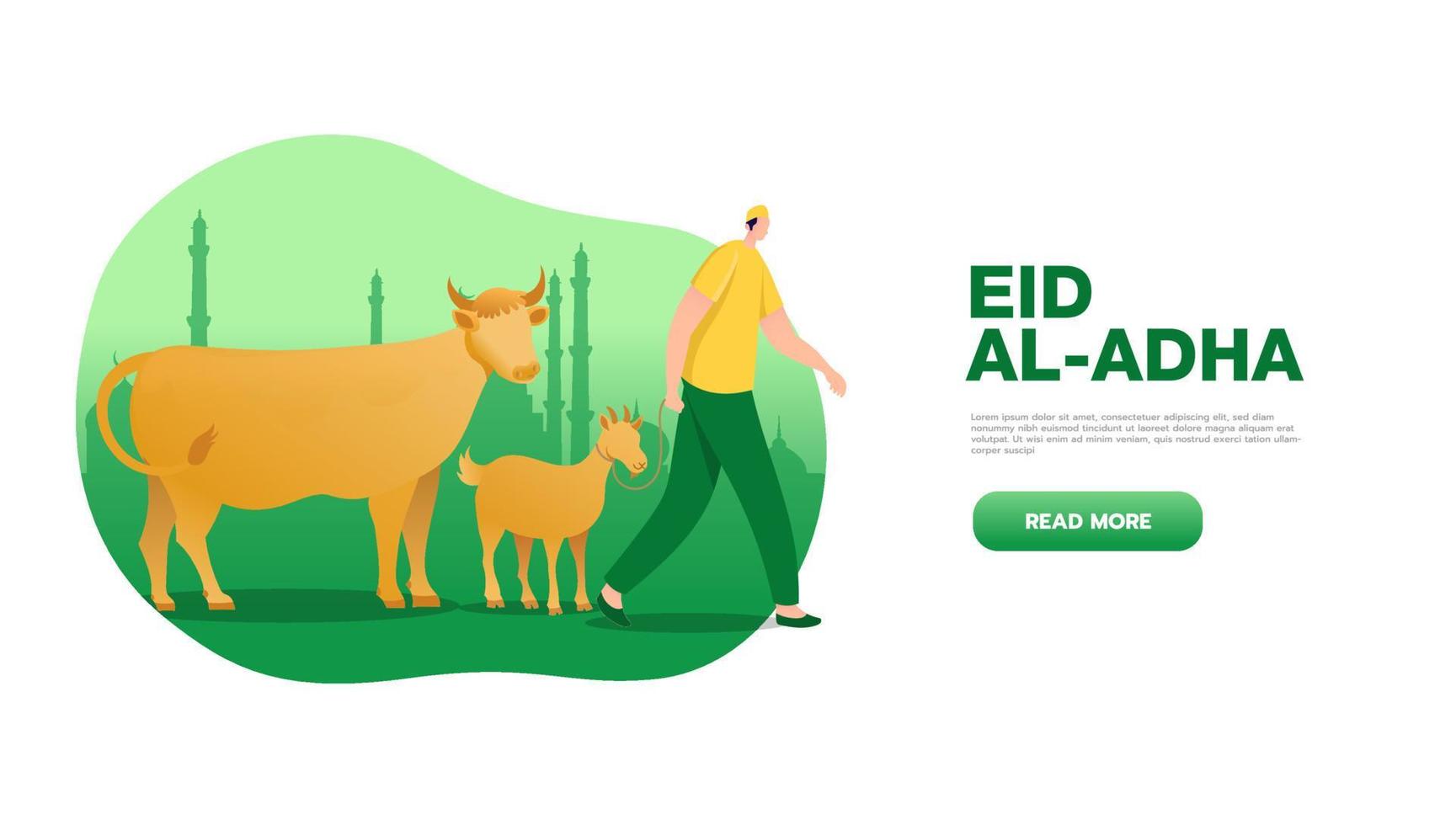 conceito de saudação eid al adha mubarak com personagem de pessoas trazer animal sacrificial para modelo de página de destino da web, banner, apresentação, social e mídia impressa vetor