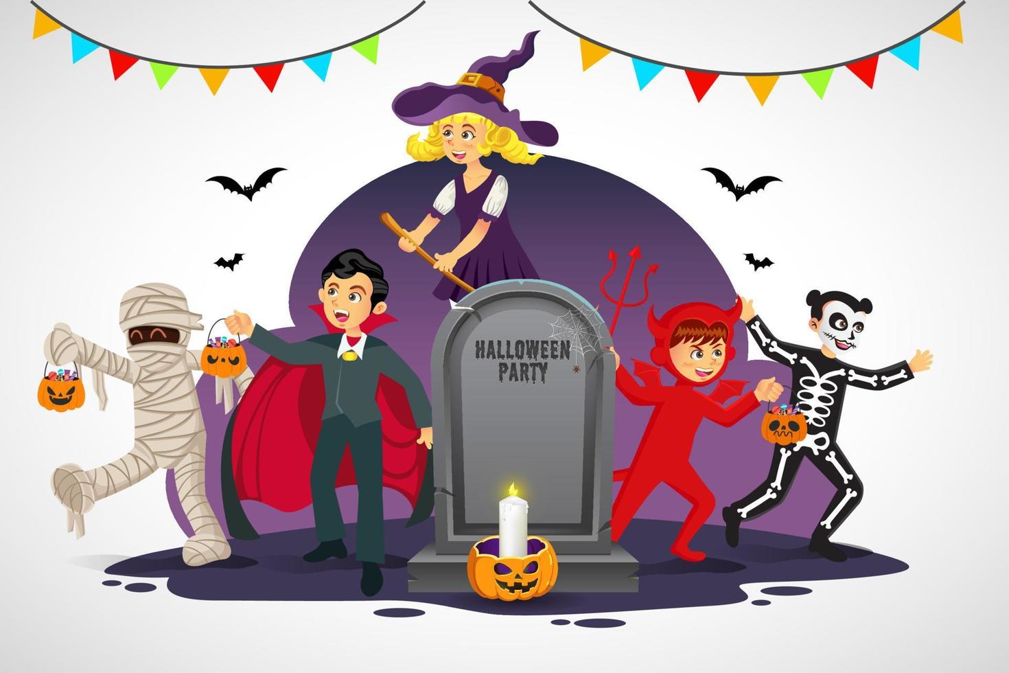 crianças felizes dos desenhos animados em traje de halloween com lápide velha isolada no fundo branco. ilustração vetorial para cartão de feliz dia das bruxas, flyer, banner e cartaz vetor