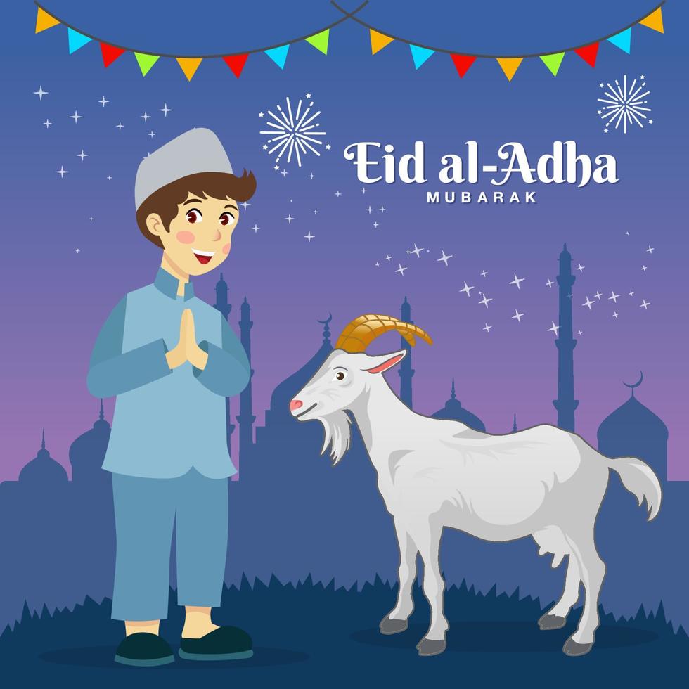 cartão de felicitações eid al adha. menino muçulmano bonito dos desenhos animados comemorando eid al adha vetor