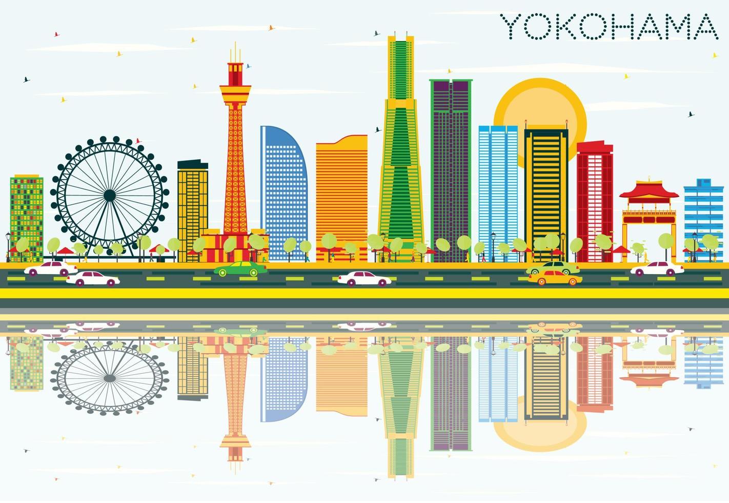 horizonte de yokohama com edifícios de cor, céu azul e reflexões. vetor