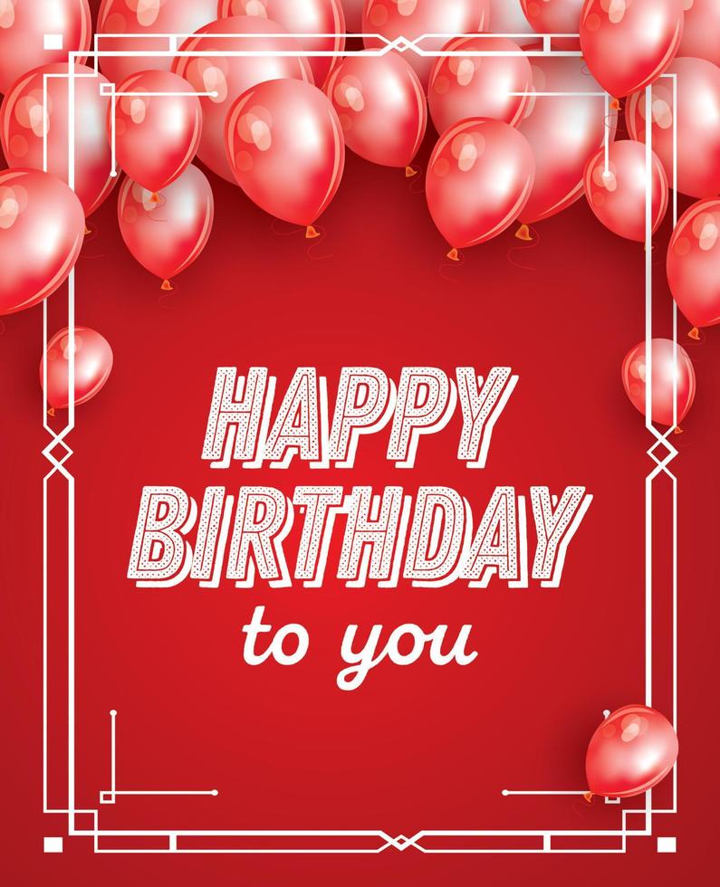 cartão de feliz aniversário com balões vermelhos, confete e moldura branca. vetor