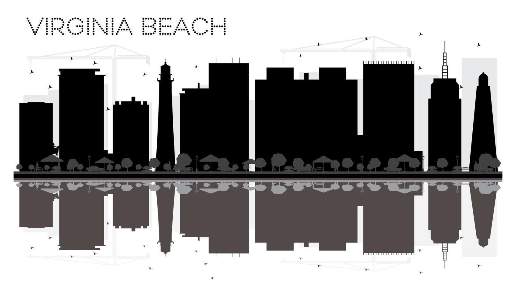 Virgínia Beach City Skyline silhueta preto e branco com reflexões. vetor