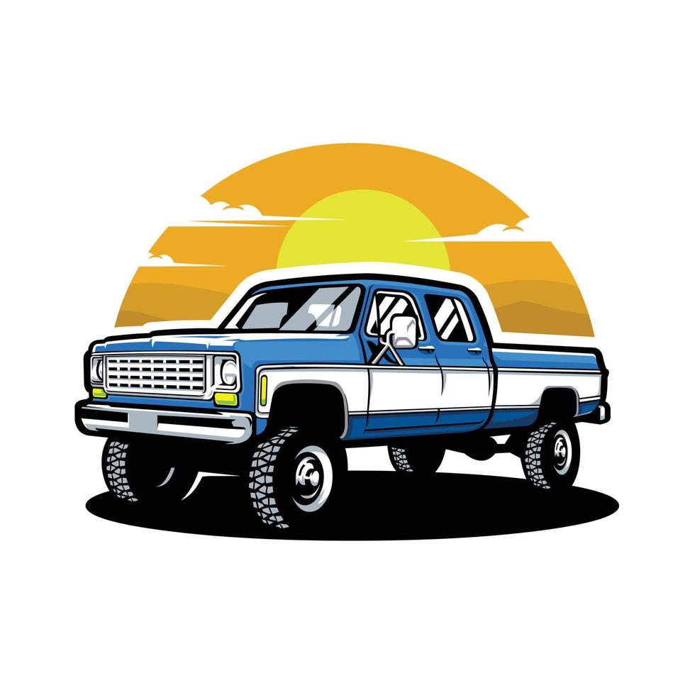 ilustração em vetor caminhão levantado clássico premium isolada. vetor vintage de caminhão de cabine dupla
