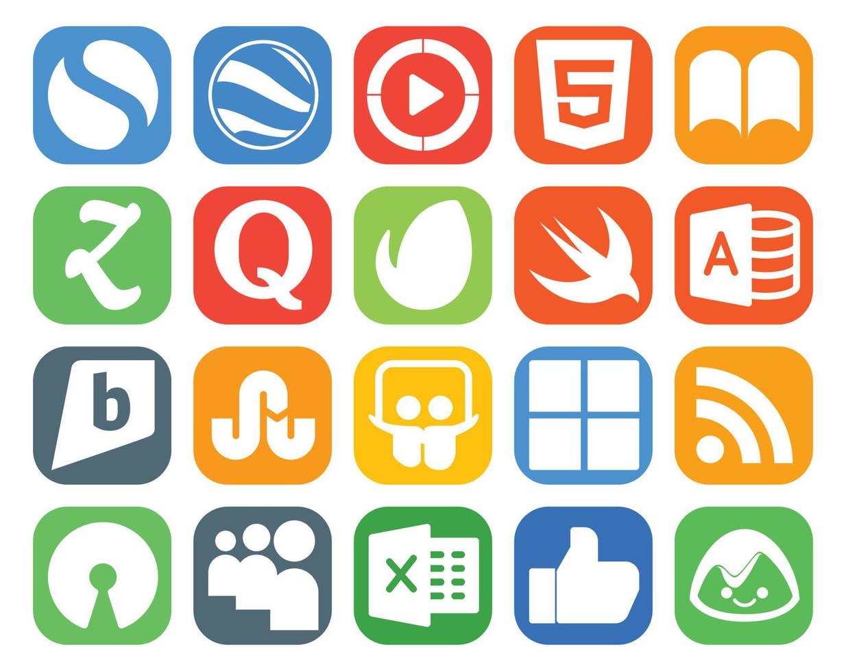 Pacote de 20 ícones de mídia social, incluindo código aberto Microsoft question slideshare brightkite vetor