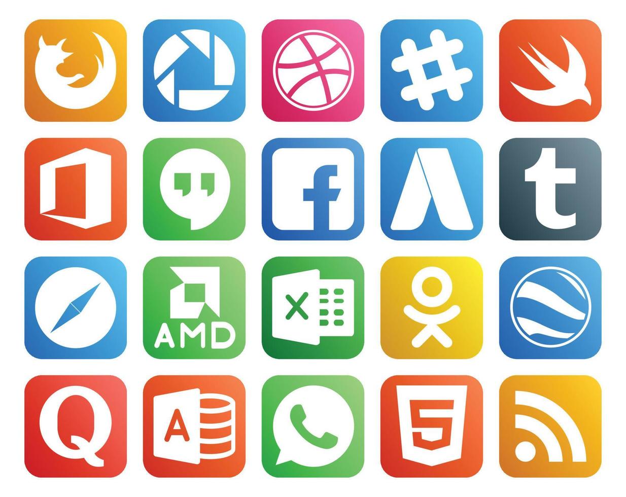 20 pacotes de ícones de mídia social, incluindo google earth excel hangouts amd safari vetor