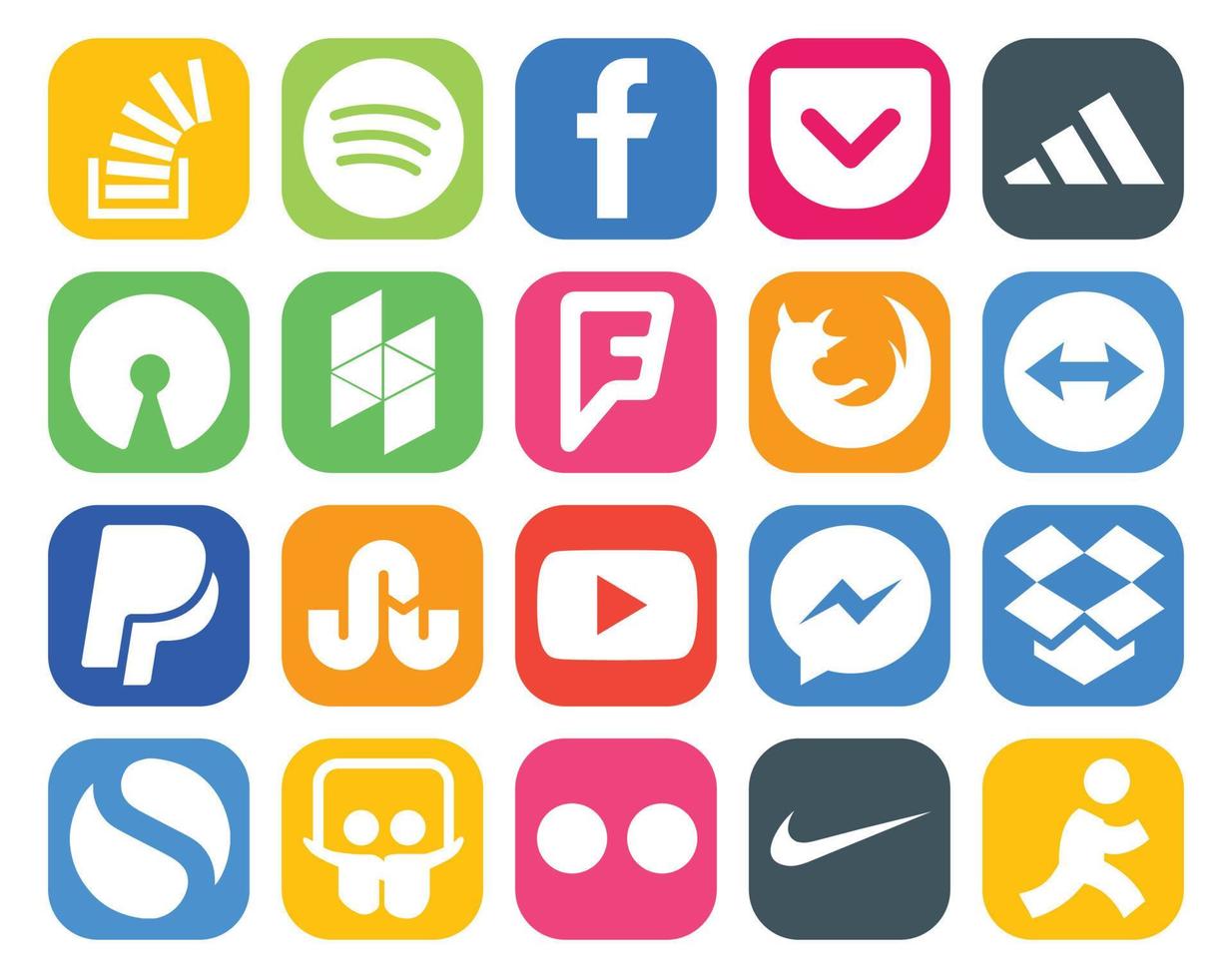 Pacote de 20 ícones de mídia social, incluindo vídeo tropeçar no navegador paypal de código aberto vetor