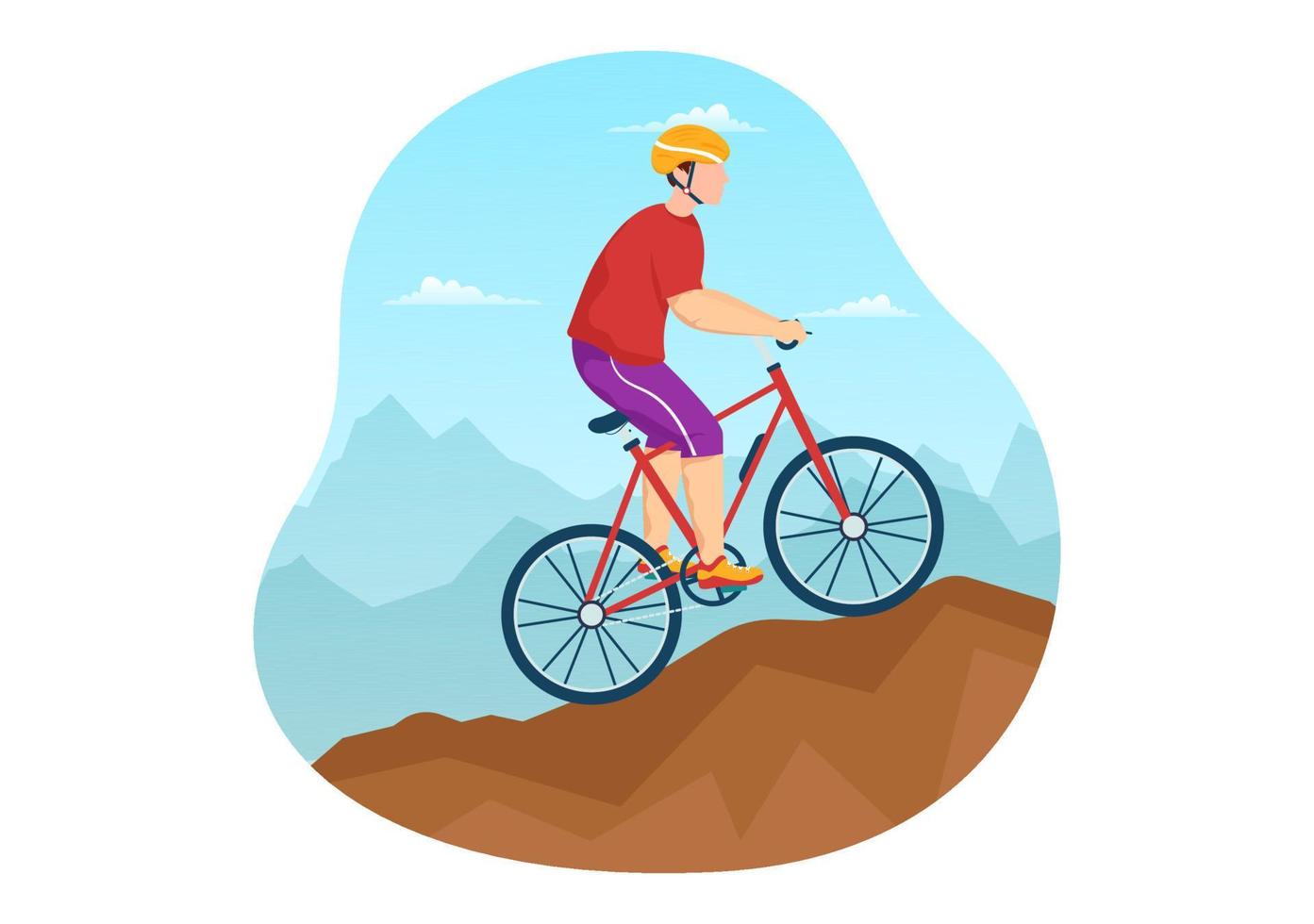 ilustração de mountain bike com ciclismo descendo as montanhas para esportes, lazer e estilo de vida saudável em modelos desenhados à mão de desenhos animados planos vetor