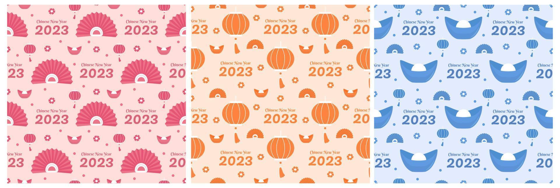 conjunto de ano novo lunar chinês 2023 dias modelo de decoração padrão sem costura ilustração plana de desenhos animados desenhados à mão vetor