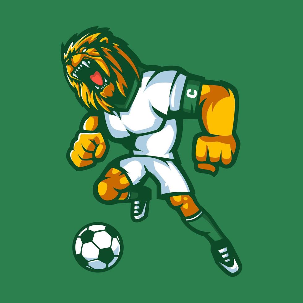 drible de mascote de futebol de leão dos desenhos animados para futebol de esportes de equipe vetor