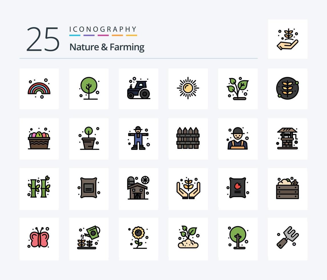 natureza e agricultura pacote de ícones cheios de 25 linhas, incluindo natureza. crescer. agricultura. Sol. paisagem vetor