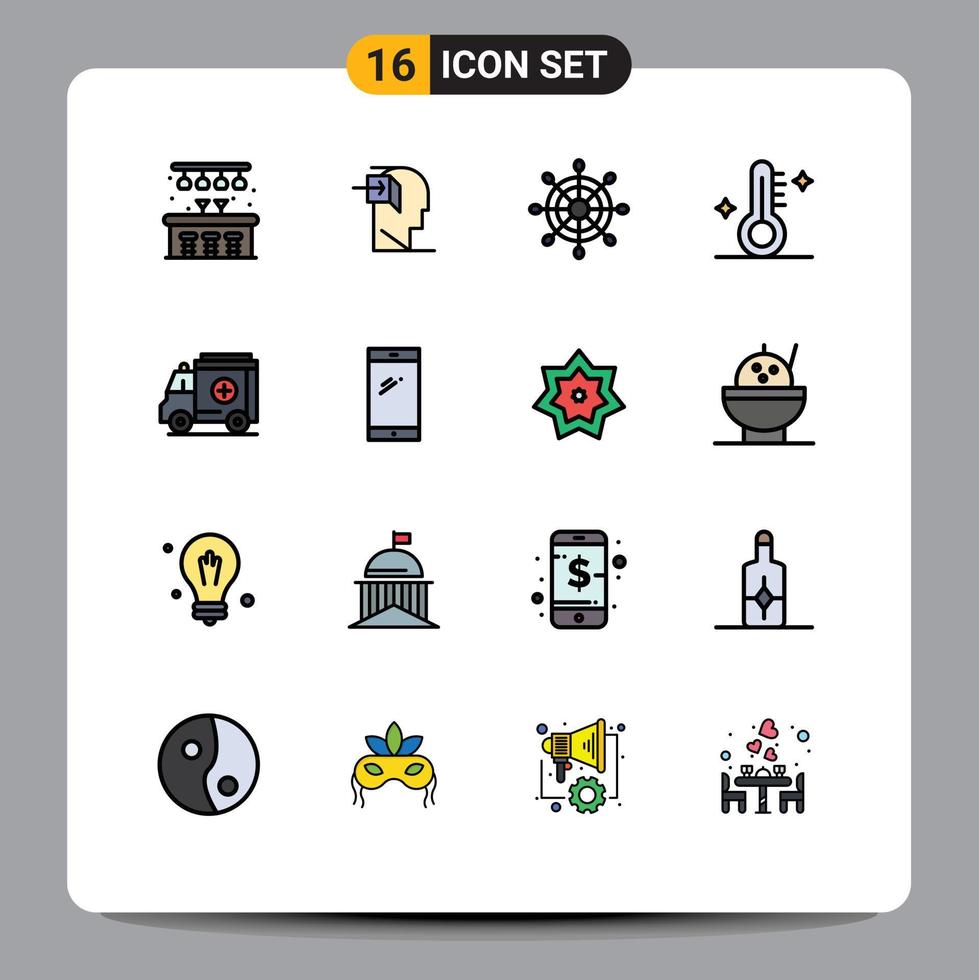 pacote de interface do usuário de 16 linhas básicas cheias de cores planas de medicina, leme de ambulância, tempo, temperatura, elementos de design de vetores criativos editáveis