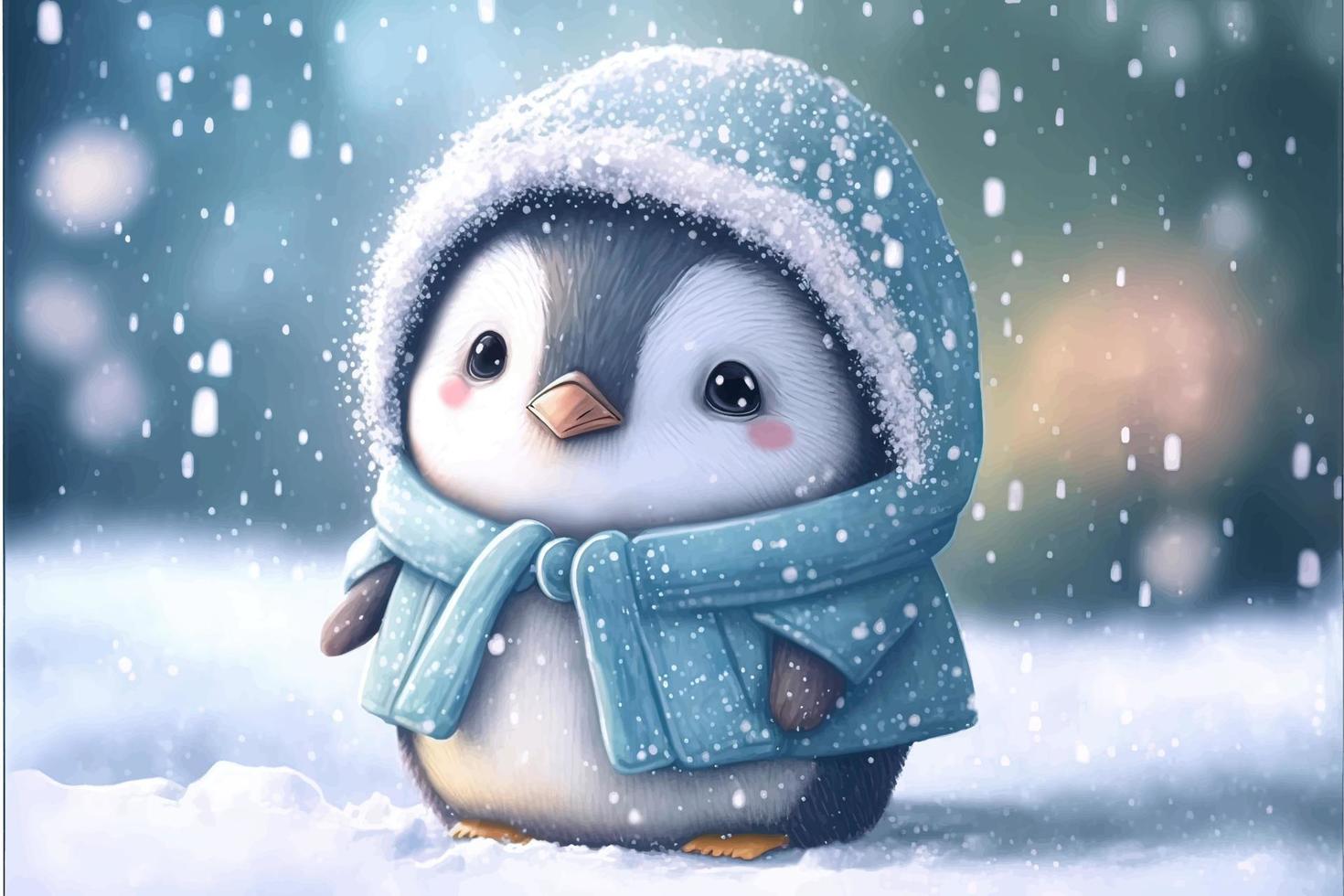 um pinguim bebê fofo vestido com um casaco de neve fica na neve du vetor