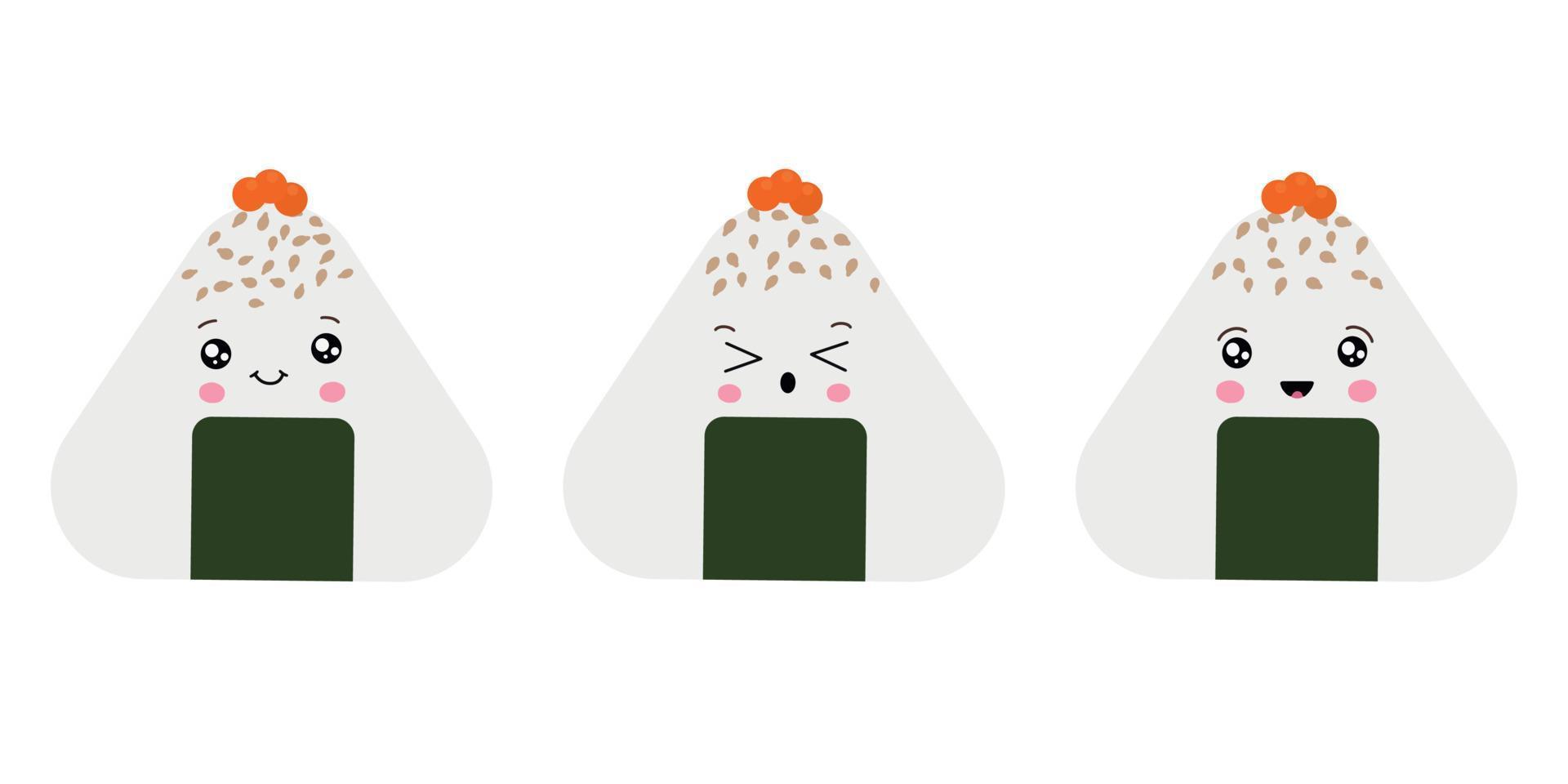 ilustração em vetor de onigiri no estilo kawaii. fast food japonês feito de arroz com recheio em forma de triângulo de alga nori.