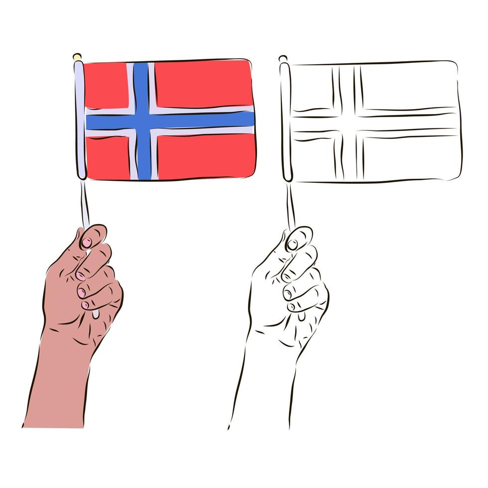 a bandeira da noruega está na mão de um homem em cores e preto e branco. o conceito de patriotismo. vetor