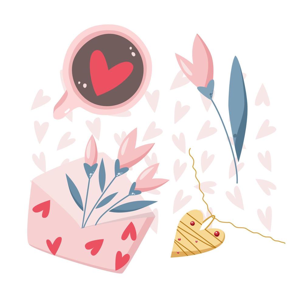ilustração gráfica plana de cor rosa do dia dos namorados conjunto vela, cappuccino, colar de coração, flores, envelope. vetor