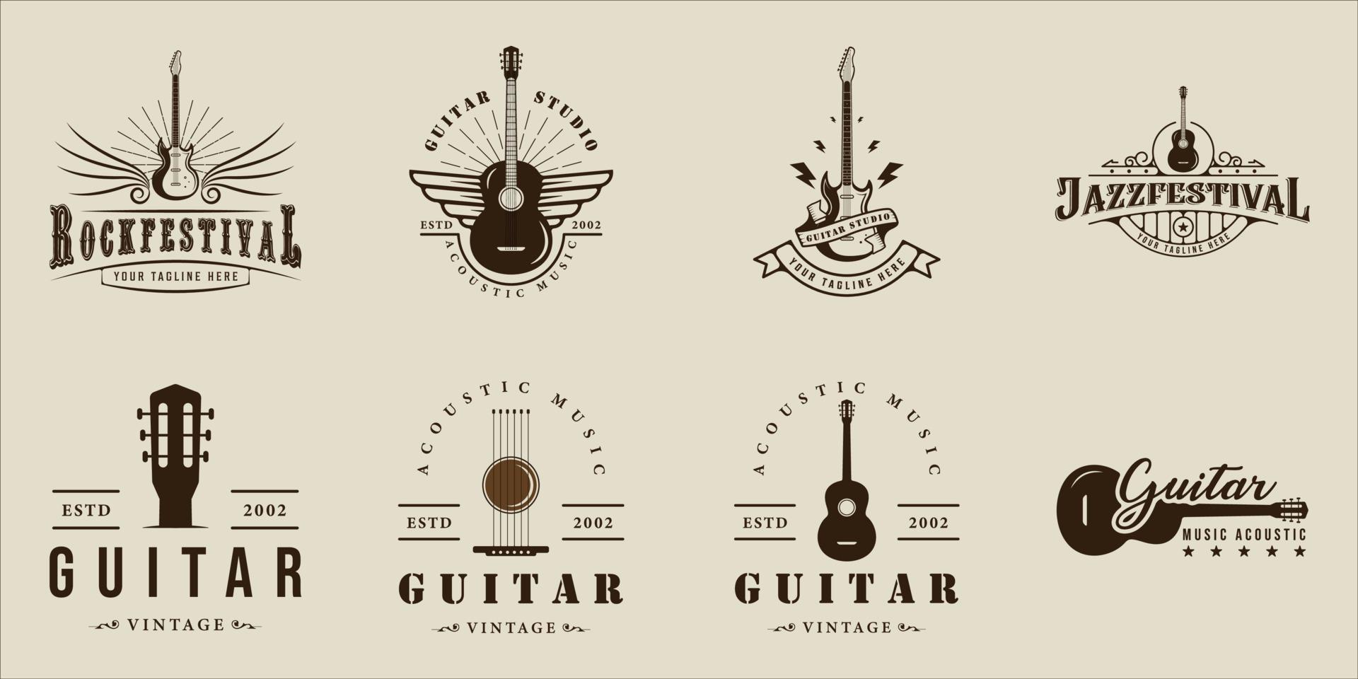 conjunto de design gráfico de ícone de modelo de ilustração vetorial vintage de logotipo de guitarra. coleção de pacote de sinal ou símbolo de instrumento de música acústica e elétrica para banda de guitarrista ou negócio de loja vetor